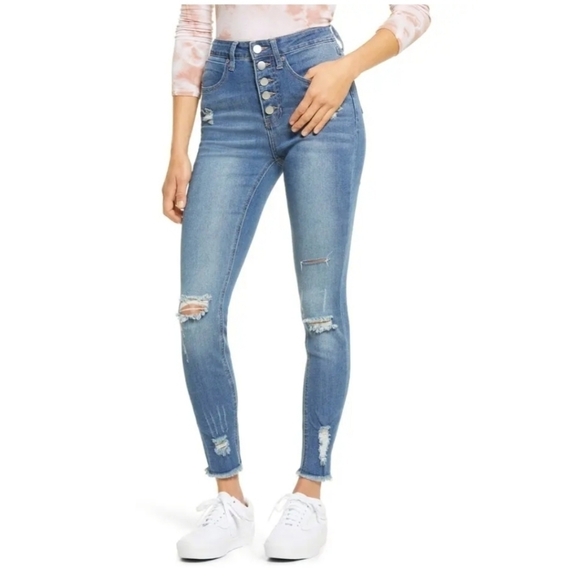PTCL Skinny Button Fly Fit Ripped Tear Distressed Jeans - Picture 1 of 5